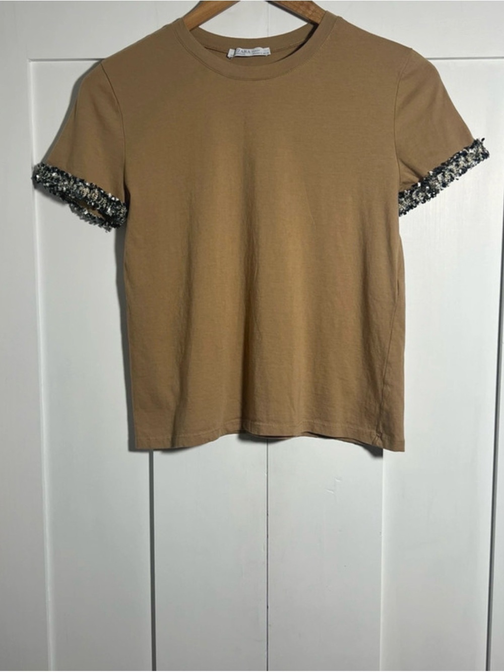 Zara Tweed Trim T-Shirt Tan Beige Size S
